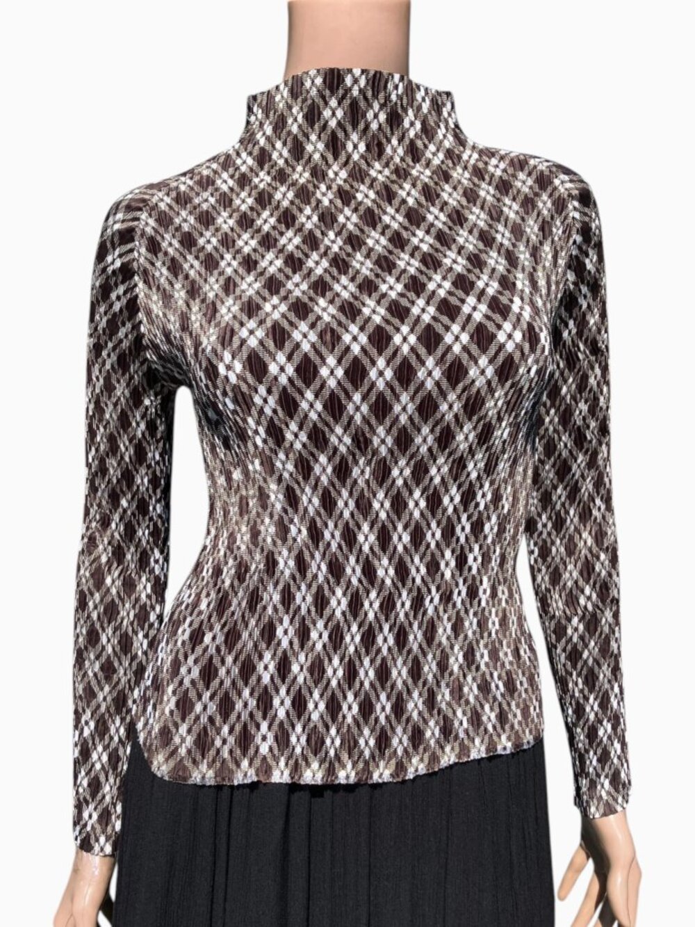 Vintage ISSEY MIYAKE Brown White-Diamond Patterned Pleated High Neck Shirt Top M
